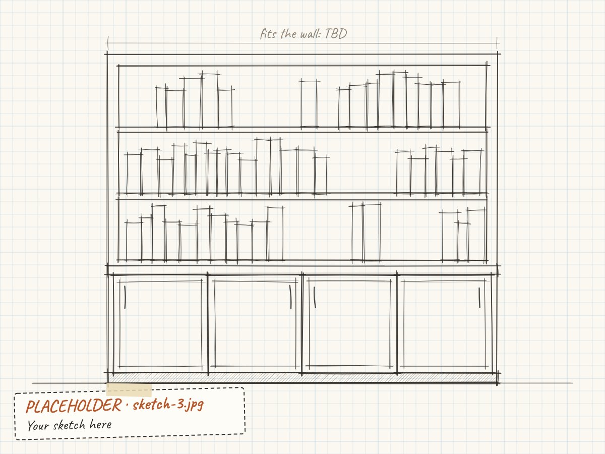 Placeholder: pencil sketch of a built-in bookshelf